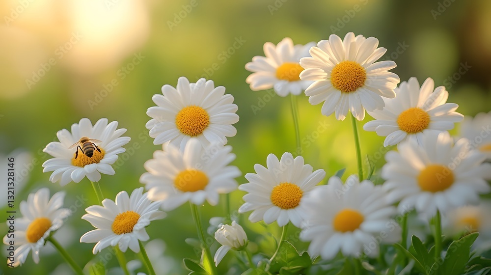 Fototapeta premium Delicate white daisies with yellow centers bloom in soft natural light across meadow, featuring lavender-tinted petals and honey bee, set against lush green foliage with shallow depth of field.