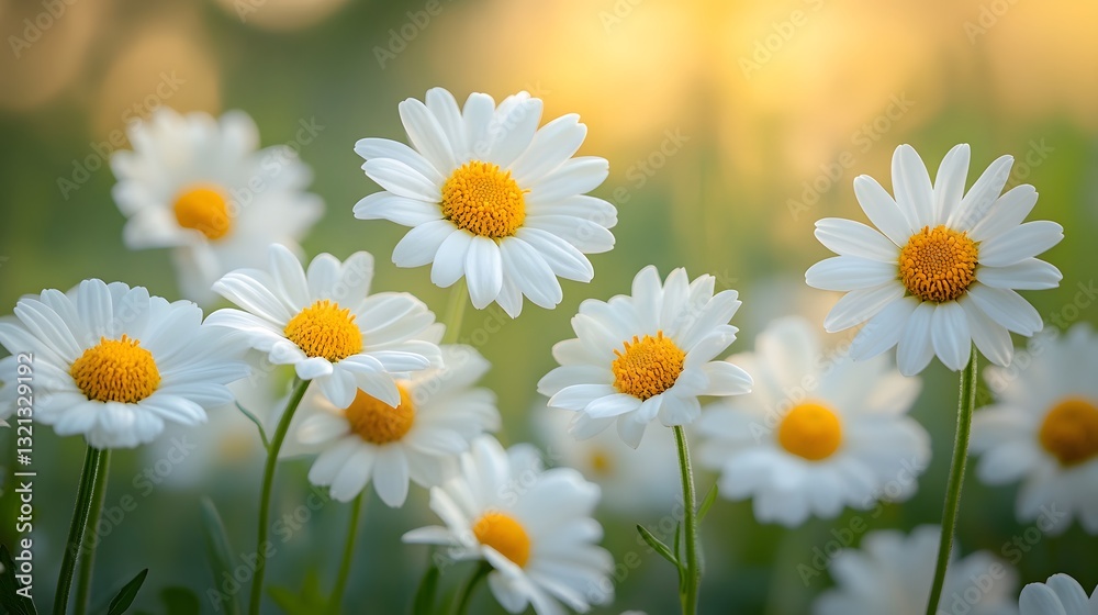 Fototapeta premium Delicate white daisies with yellow centers bloom in soft natural light across meadow, featuring lavender-tinted petals and honey bee, set against lush green foliage with shallow depth of field.