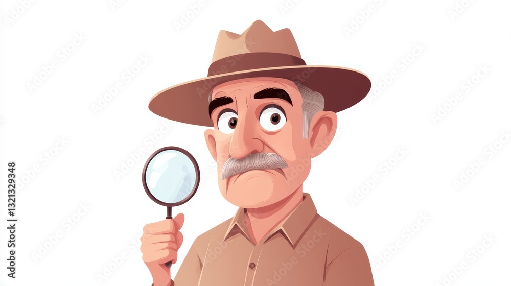 Man with magnifying glass and hat, a detailed observation of exploration discovery Man with magnifying glass and hat, a detailed observation of exploration discovery