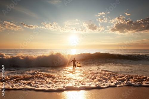 Surfer enters ocean waves at sunset on a serene beach landscape