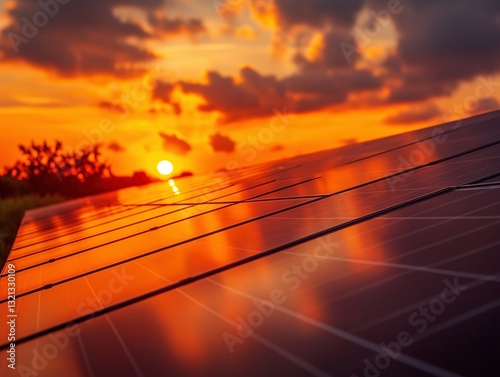 Sustainable Sunset: Solar Panels Illuminating Renewable Energy & Ecological Innovation in Rural Landscapes