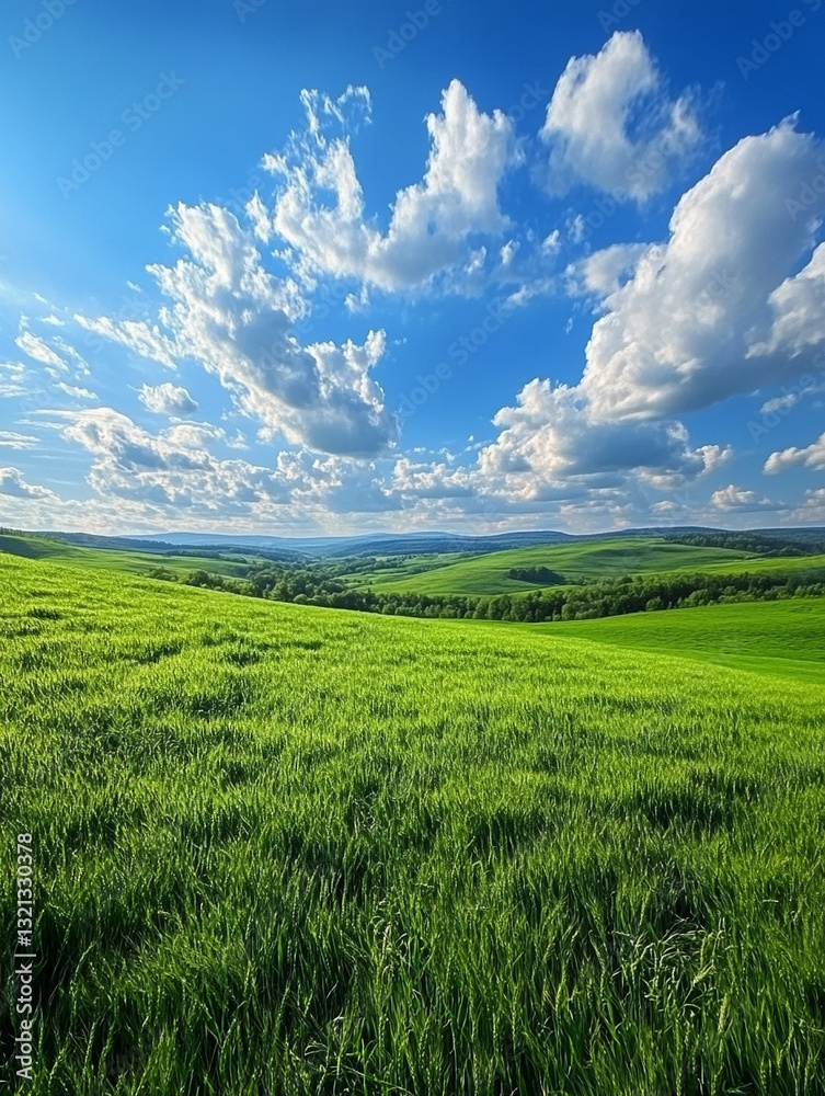 Obraz premium Lush green fields under a blue sky with fluffy clouds