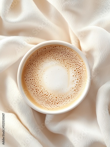 Beautifully crafted cup of coffee resting on soft fabric showing intricate foam design and inviting colors
