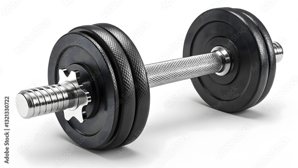 Naklejka premium Single dumbbell with textured handle and black weight plates on white background. Created with Ai
