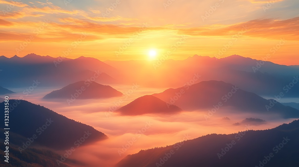 Fototapeta premium Golden sunset light bathes misty mountain landscape, with amber fog flowing between peaks, warm gradient sky, and ethereal cloud sea in cinematic, minimalist scene of dramatic beauty.