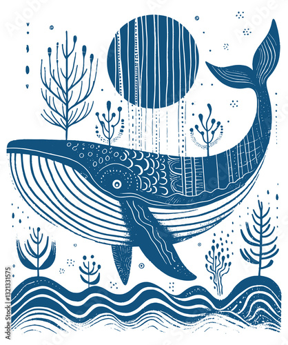 Whale in bold minimalistic line art with surreal textures