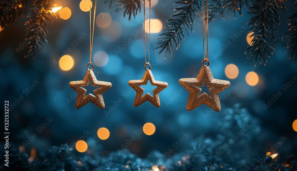 Golden star ornaments hanging on fir tree with bokeh lights; Xmas greetings Golden star ornaments hanging on fir tree with bokeh lights; Xmas greetings