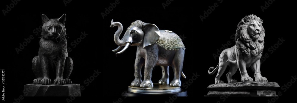 Fototapeta premium Three animal statues, including a wolf, elephant, and lion, displayed in a row. The statues appear to be dark and metallic or stone-like against a black backdrop.