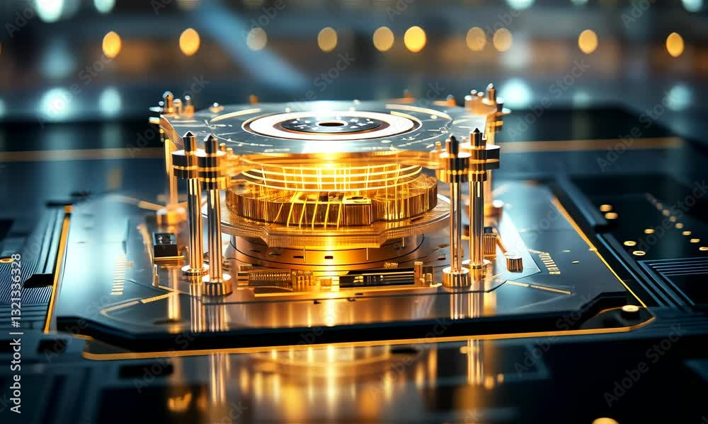 Quantum chip, part of quantum computer. How quantum technology may look-like. Technology and science concept