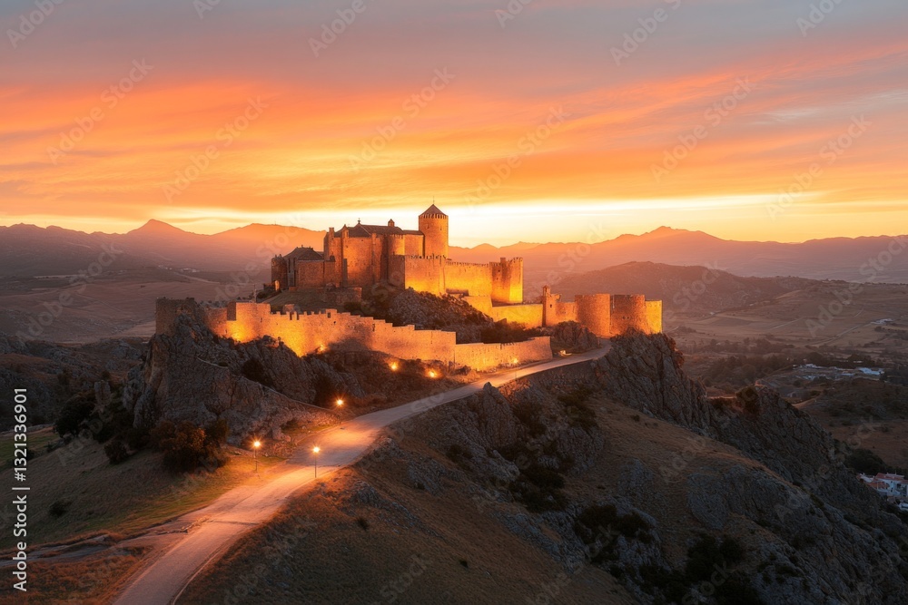 Fototapeta premium Sunset casts a warm glow on the ancient castle perched atop a rocky hill, overlooking the tranquil landscape