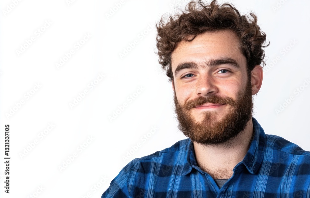 Smiling young caucasian male with curly hair and beard in blue plaid shirt. Smiling young caucasian male with curly hair and beard in blue plaid shirt.