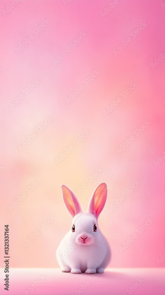 Obraz premium Vertical Minimal Spring Banner Background with White Rabbit and Falling Sakura Leaves, Dreamlike Pink Gradient and Gentle Atmosphere