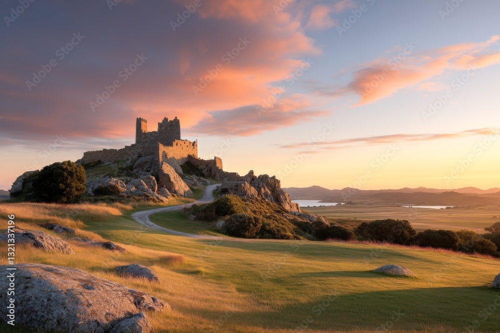 Obraz premium Historic castle ruins atop a hill during sunset with vibrant clouds in the sky
