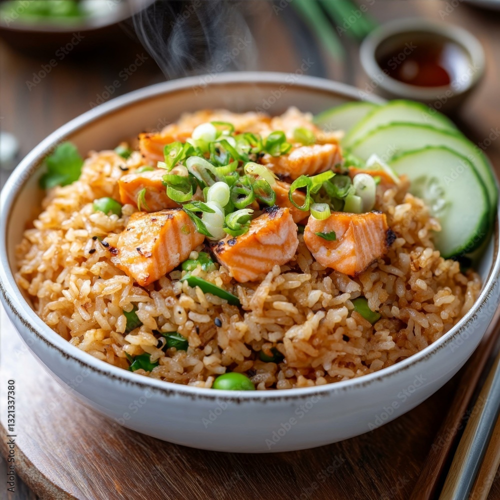 Salmon Fried Rice Meal with Cucumber and Scallions Garnish in Ceramic Bowl Asian Cuisine Delight Salmon Fried Rice Meal with Cucumber and Scallions Garnish in Ceramic Bowl Asian Cuisine Delight