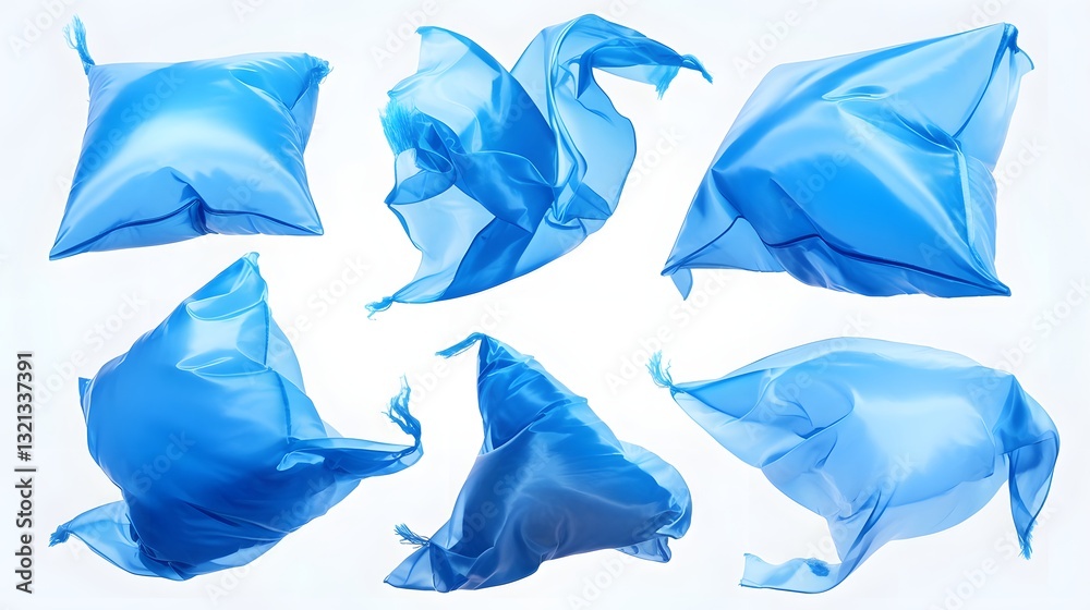 Naklejka premium Series of Dynamic Blue Fabrics Floating Against a Pure White Backdrop