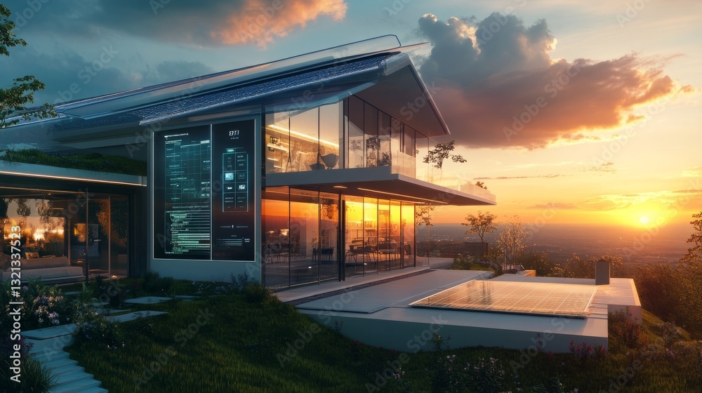 Modern eco-friendly smart home with transparent solar panels, energy-efficient windows, and a holographic control panel, set against a sunset Modern eco-friendly smart home with transparent solar panels, energy-efficient windows, and a holographic control panel, set against a sunset