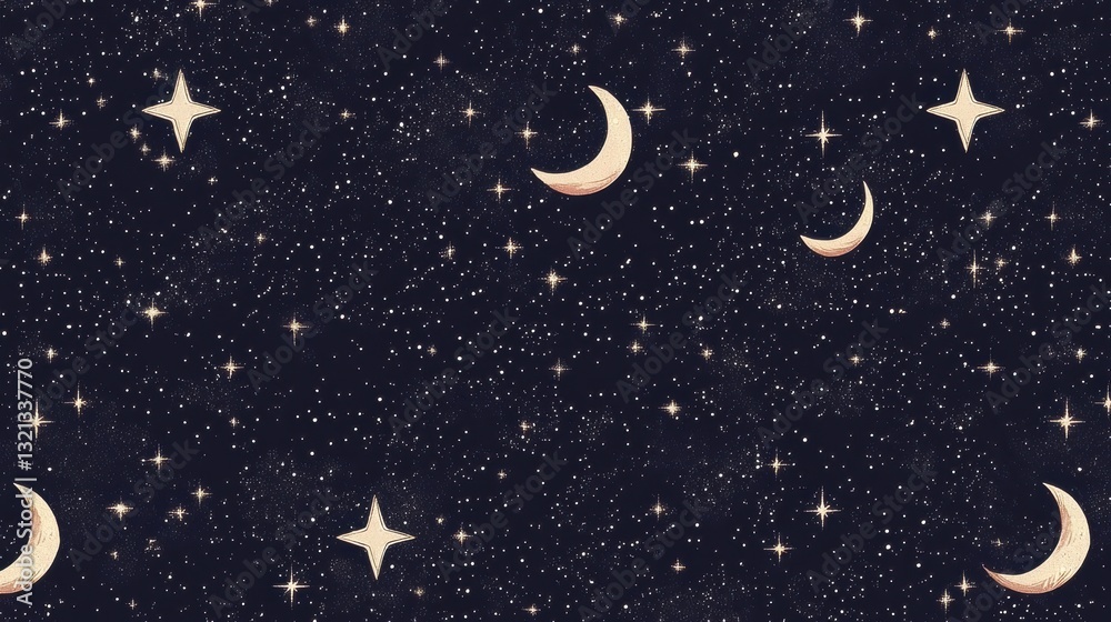Fototapeta premium Night sky filled with stars and crescents. the background is a deep black color with small white dots scattered throughout.