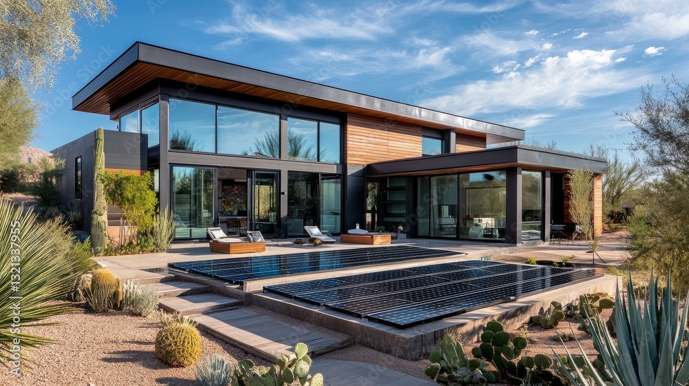 Sleek, modern home with solar panel integration, automated window shading, and a smart energy monitoring system. Sleek, modern home with solar panel integration, automated window shading, and a smart energy monitoring system.
