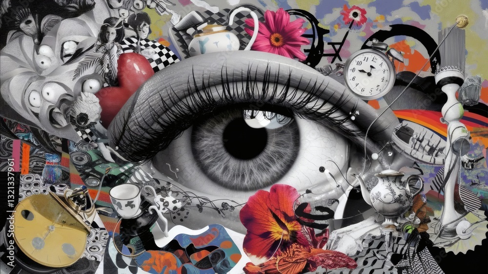 Fototapeta premium surreal collage featuring eye surrounded by abstract elements, vintage objects, flowers, clocks, and geometric patterns. A symbolic composition reflecting time, perception, and subconscious thoughts.