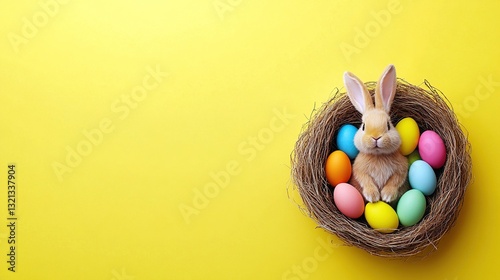 Easter banner with colorful eggs in a nest and a bunny,  yellow background, copy space for e-commerce design.