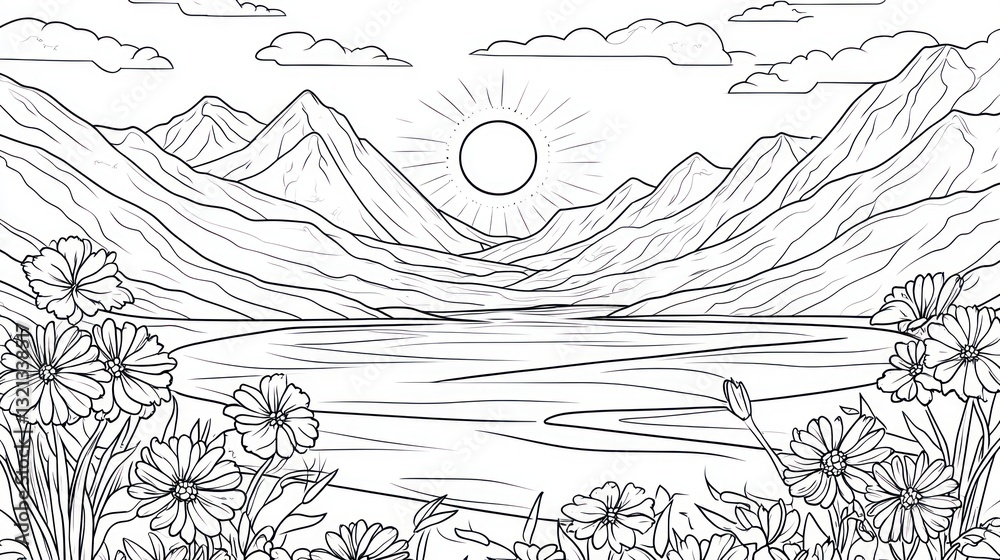 Fototapeta premium Mountain lake landscape coloring page