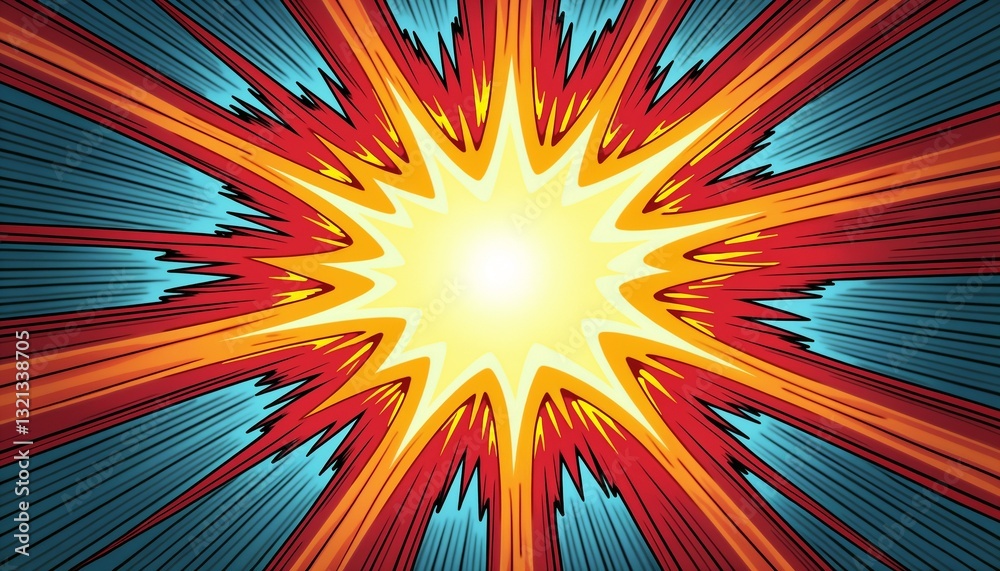 Fototapeta premium Vibrant pop art explosion graphic, dynamic yellow burst with red and blue accents, eye-catching design