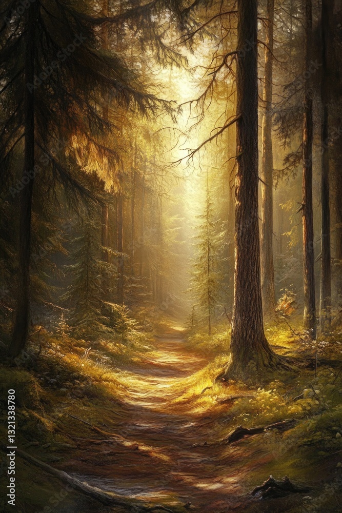 Obraz premium A winding woodland path surrounded by trees and foliage