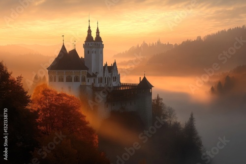 Castle surrounded by mist at sunrise with colorful trees and serene landscape