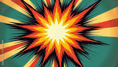 Pop art-inspired promotional design, dynamic explosion, vintage aesthetic, copy space