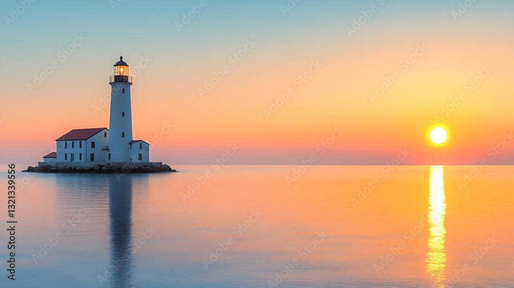 Serene lighthouse at dawn glows in soft golden sunrise over calm ocean, with white tower and cottage on right, misty atmosphere, and gentle orange-blue sky over smooth water surface. Serene lighthouse at dawn glows in soft golden sunrise over calm ocean, with white tower and cottage on right, misty atmosphere, and gentle orange-blue sky over smooth water surface.