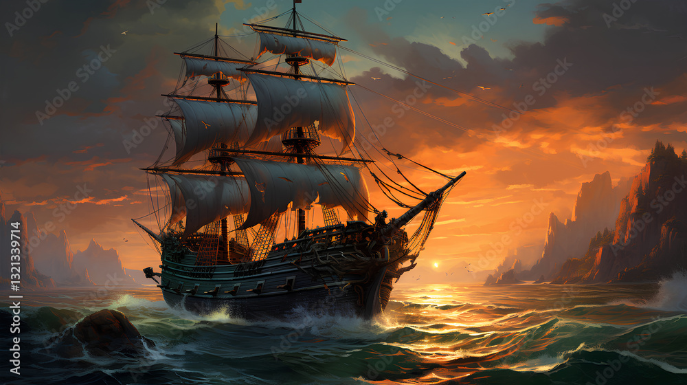 Obraz premium Merchant ship in the distance on the horizon, stylized sunset view
