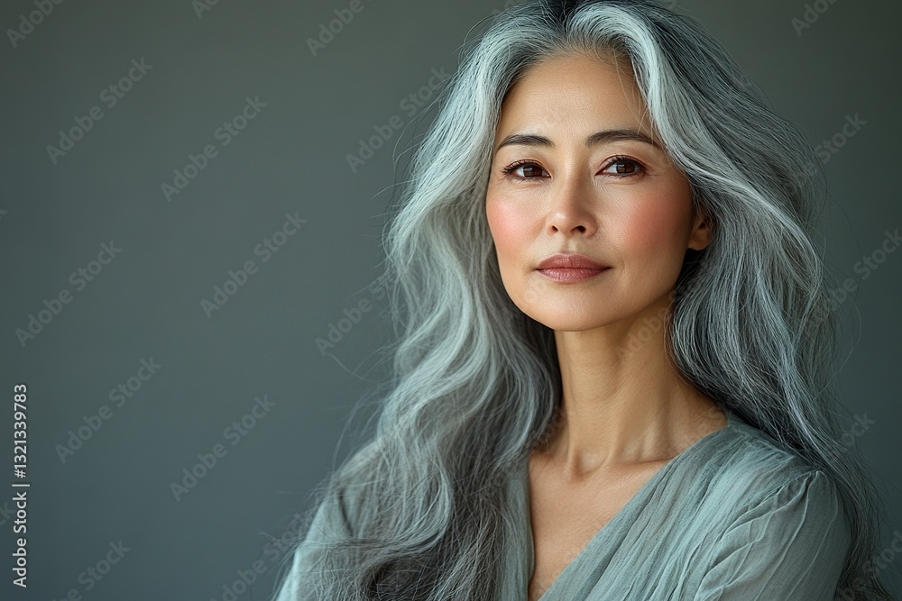 Naklejka premium A woman with long gray hair is smiling and looking at the camera
