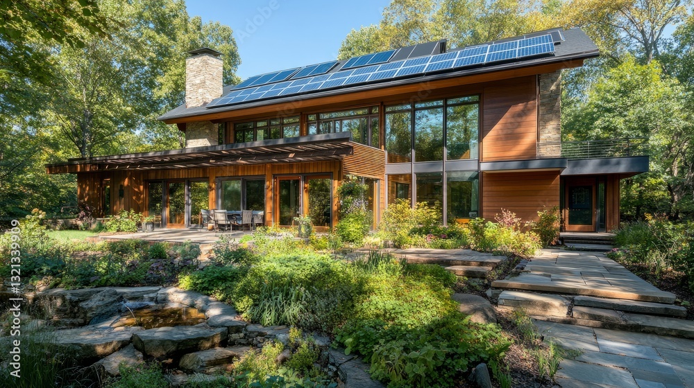 Solar-powered home with automated climate control, smart security, and energy-efficient living space surrounded by greenery Solar-powered home with automated climate control, smart security, and energy-efficient living space surrounded by greenery