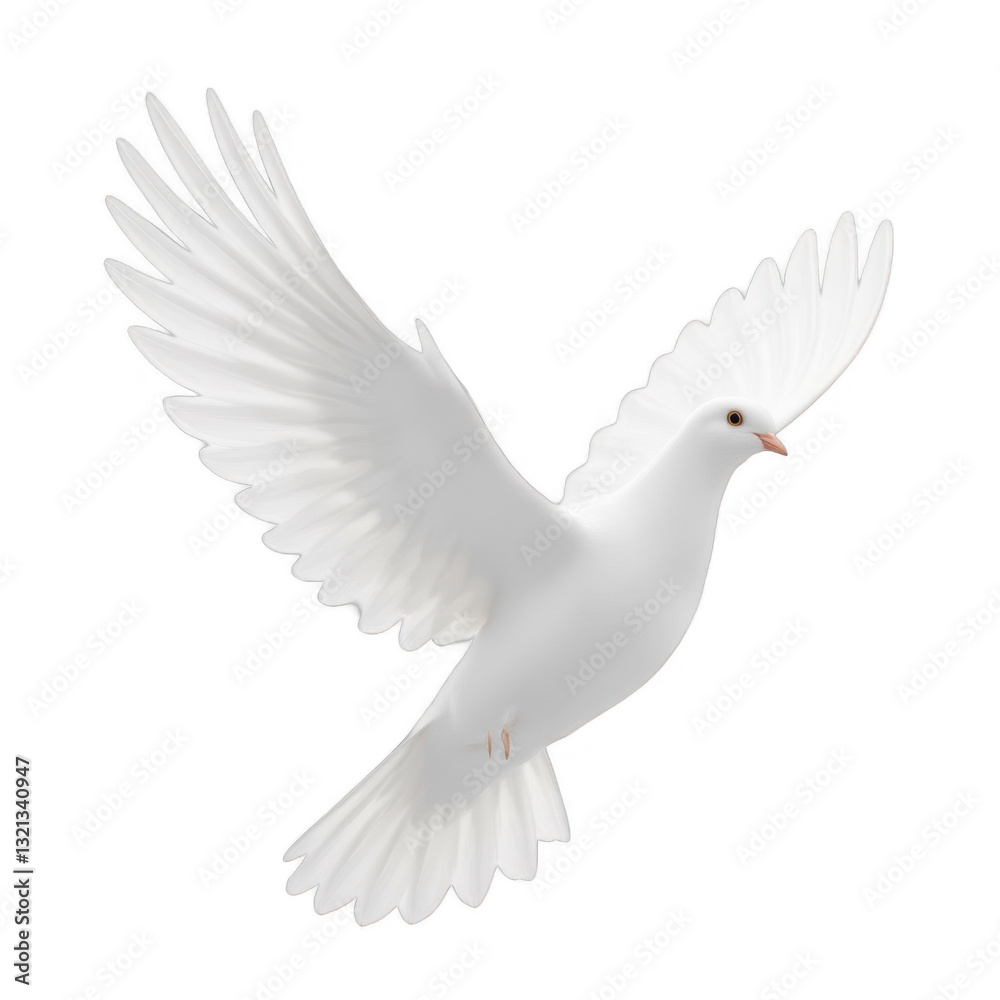 Obraz premium White dove in flight, symbolic animal representing peace and freedom, softly illuminated against a smooth background, ideal for uplifting themes. Isolated on white background or PNG