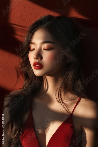 A woman in a red dress is looking at the camera