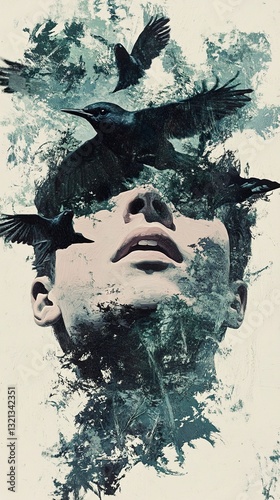 Surreal Woman and Birds: A Dreamlike Abstract Painting