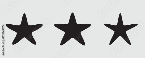 Black silhouette of three starfish in a row on a light background