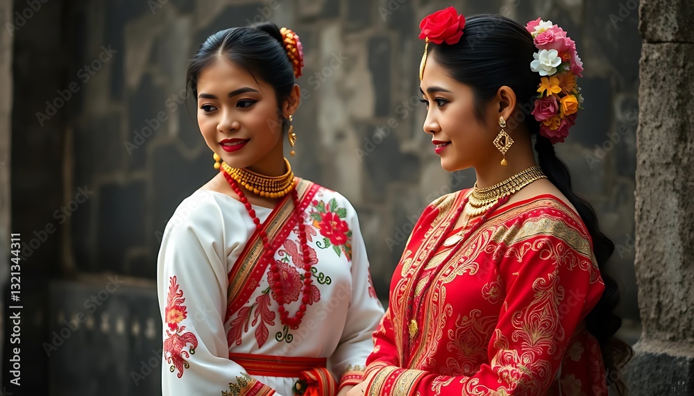 Two beautiful women are wearing traditional clothing in a portrait Two beautiful women are wearing traditional clothing in a portrait