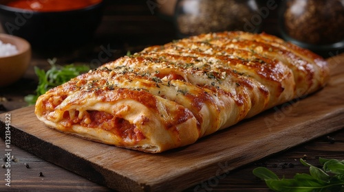 Wallpaper Mural A close-up of a pepperoni and cheese calzone, highlighting its texture and steam, on a clean and isolated background with studio lighting Torontodigital.ca