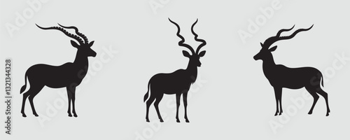 Set of three black silhouettes of antelopes with long, curved horns in different poses on a light background