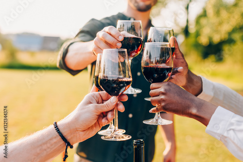 Group of friends raising glasses of red wine in a celebratory toast during an outdoor gathering in a scenic natural setting at sunset photo