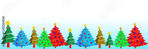 Christmas trees vector set, colorful holiday elements, festive Christmas design, isolated pine trees with stars and balls, winter graphics, bright web decorations