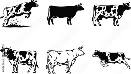Cow Silhouette Clipart SVG Bundle design. Farming Cow, Cow jumping, Cow running, Cow standing, Cow graphic icon, Cow Vector illustration.