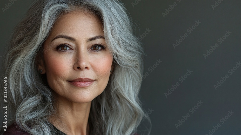 Naklejka premium A woman with gray hair is smiling and looking at the camera