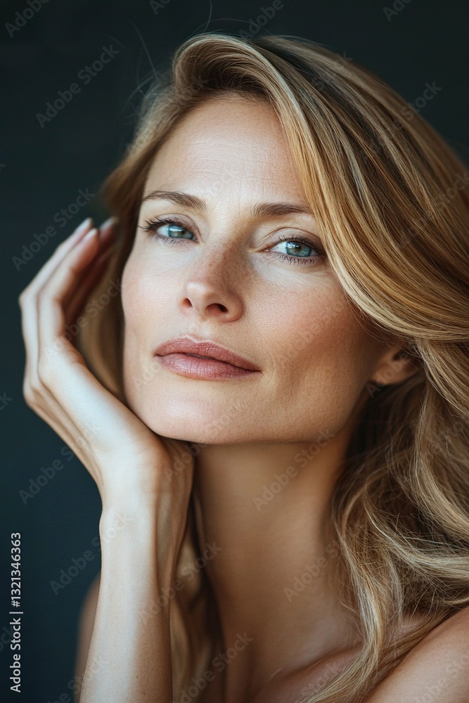 Fototapeta premium A woman with blonde hair and a blue eye is smiling