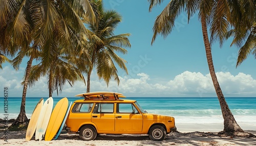 Yellow vintage car with surfboards on beach. (2)