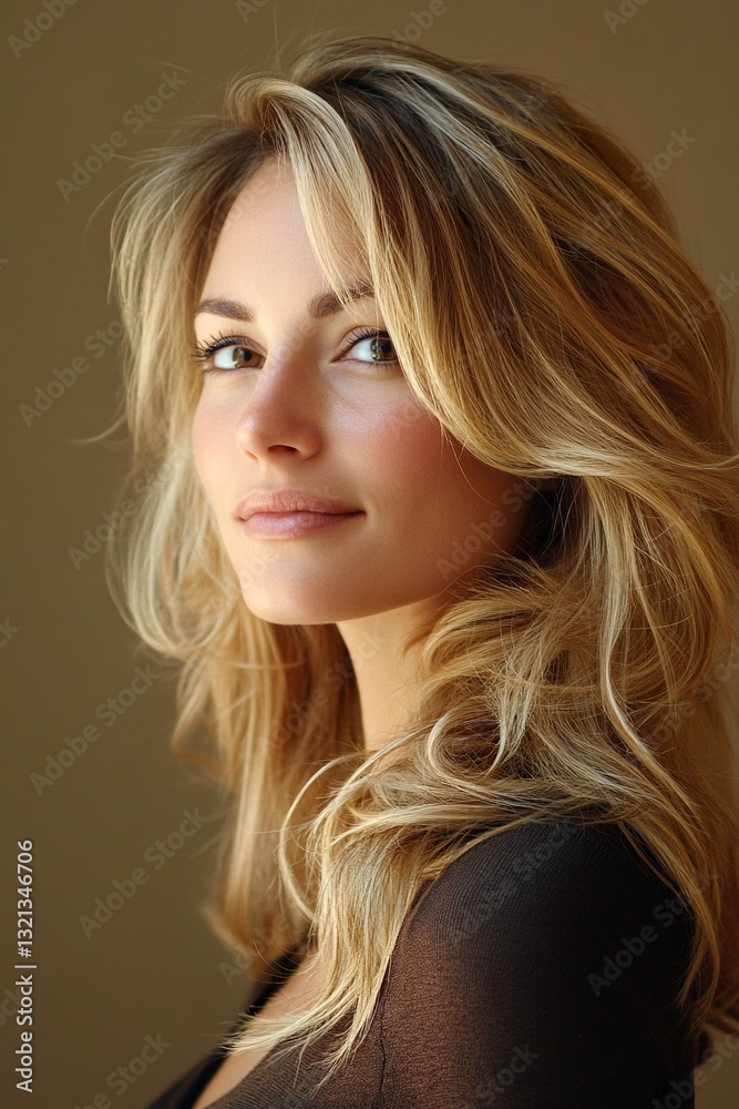 Naklejka premium A woman with long blonde hair is smiling and looking at the camera