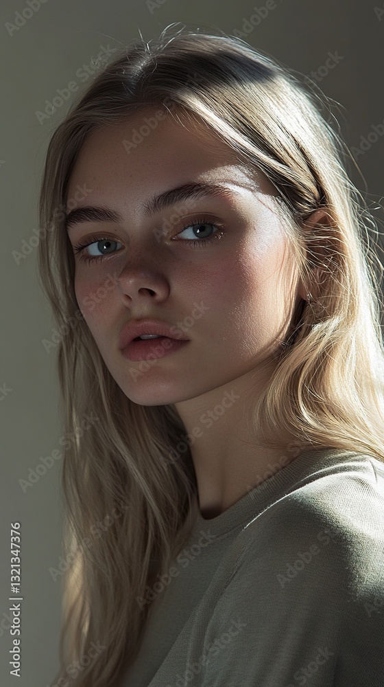 Fototapeta premium A woman with blonde hair and blue eyes is standing in front of a white wall