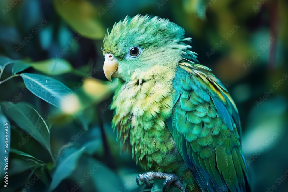 Fototapeta premium Close-up of vibrant green parrot resting amidst lush foliage, showcasing its colorful plumage and serene expression