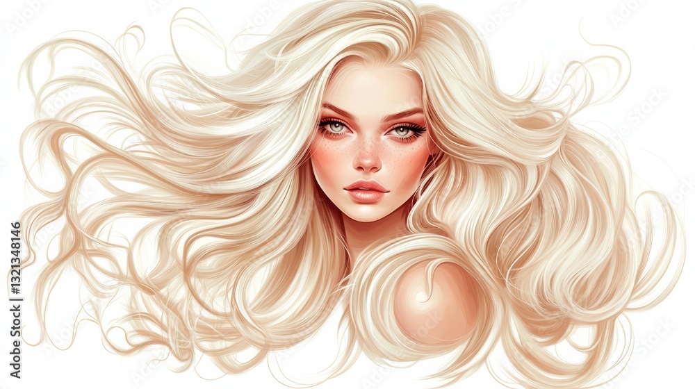Long, wavy blonde hair flows around a beautiful woman's face, creating a glamorous and elegant look Long, wavy blonde hair flows around a beautiful woman's face, creating a glamorous and elegant look